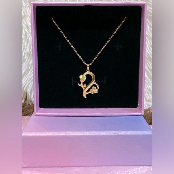 925 Sterling Silver Heart Rose Butterfly Pendant Necklace with Crystal Accents - Picture 2 of 15